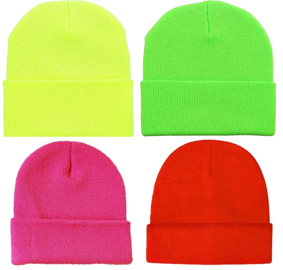  Acrylic Beanie Fine Knit Asst'd Fluoro Orange,Lime,Yellow,Fuschia Pink 12 Pack
