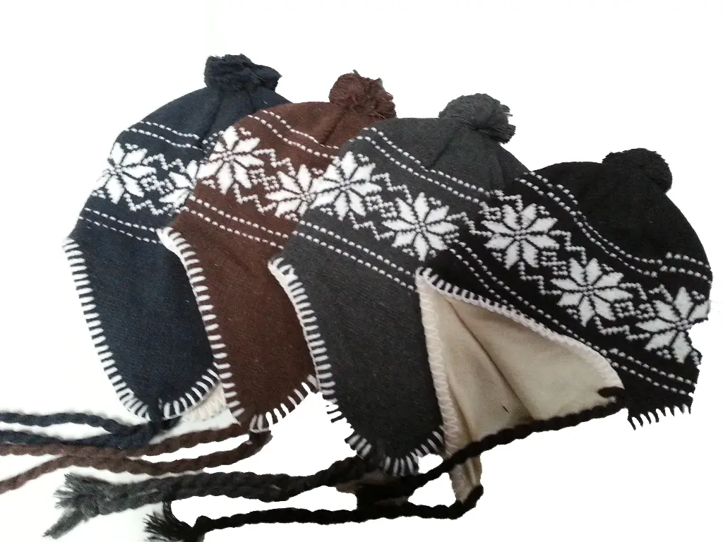  Acrlic Knit Beanie with Earflap & Tassel Snowflake Design