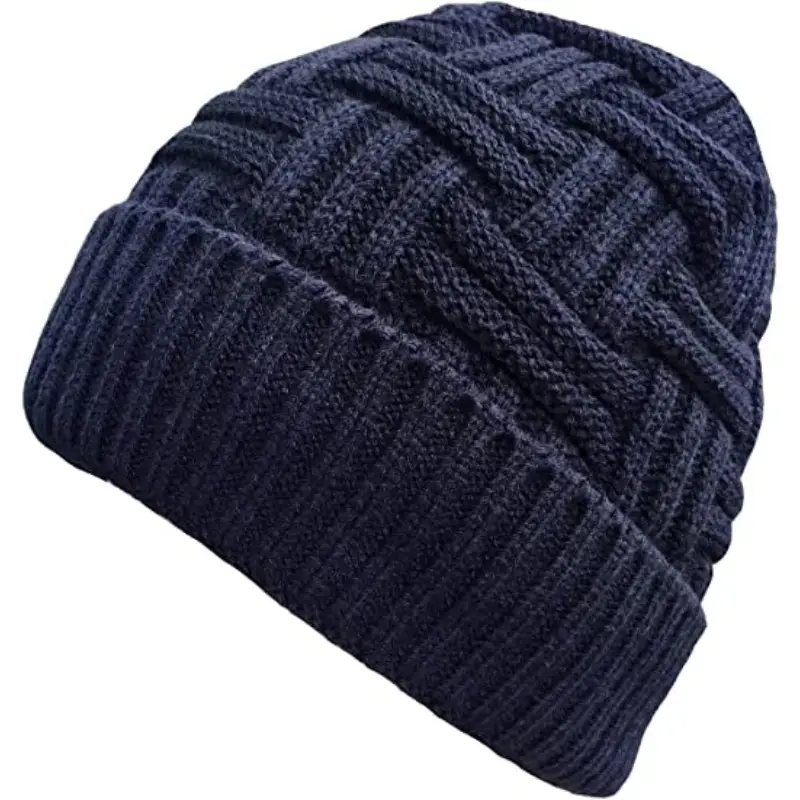  Acrylic Knit Beanie Skullcap Fur Lined Navy