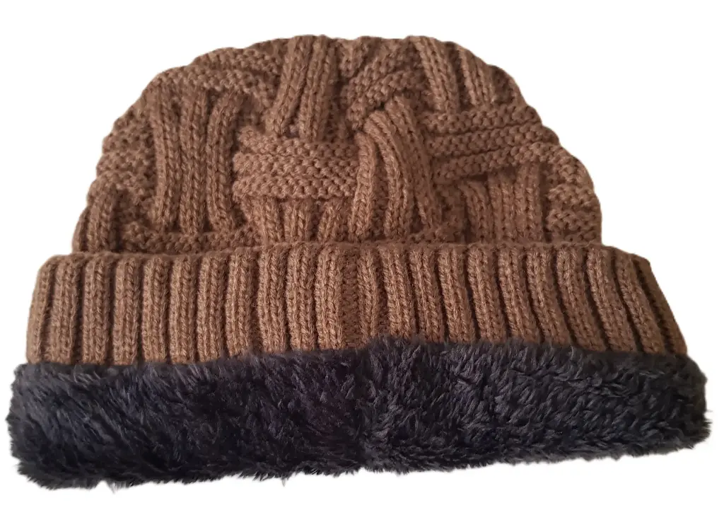  Acrylic Knit Beanie Skullcap Fur Lined Tan