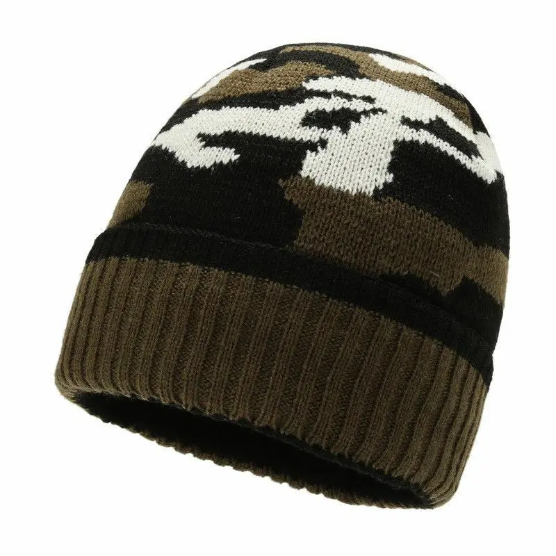  Camo Acrylic Knit Beanie Furry Lined Brown Woodland