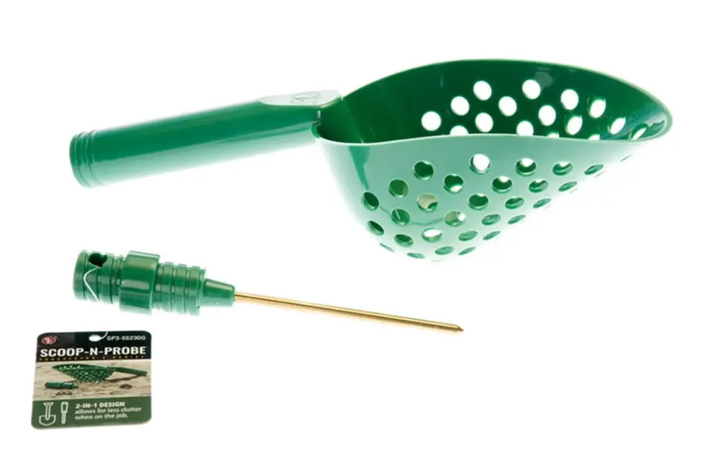  Sand Scoop 14" with Holes and Brass Probe in Handle Green