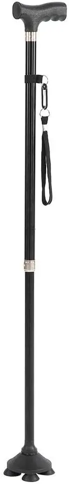 Free Standing Walking Stick Cane 4 Rubber Feet Prong Base Height Adjustable Black Metal