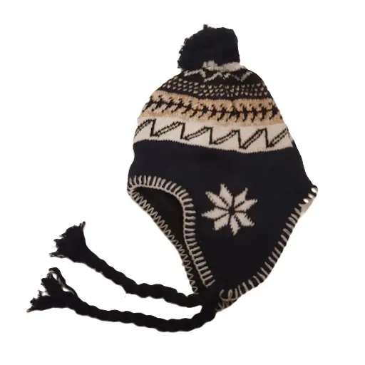 [13514-navy]  Acrylic Knit Beanie with Earflap & Tassel Snowflake Design Navy