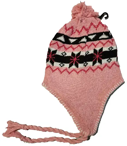 [13514-pink]  Acrylic Knit Beanie with Earflap & Tassel Snowflake Design Pink
