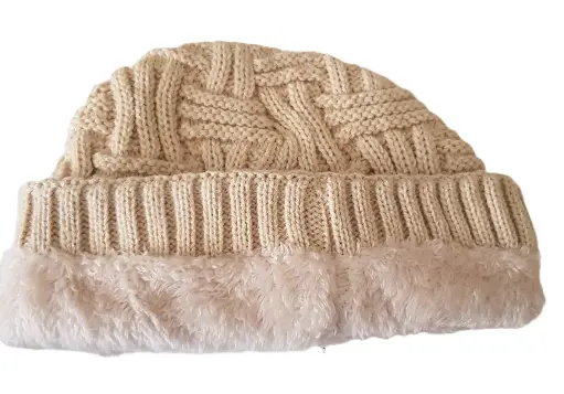 [13545-cream]  Acrylic Knit Beanie Skullcap Fur Lined Cream