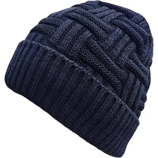 [13545-navy]  Acrylic Knit Beanie Skullcap Fur Lined Navy