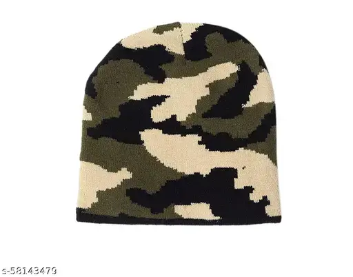 [13565-green-black-cream]  Camouflage Knit Beanie Acrylic Woodland green-black-cream