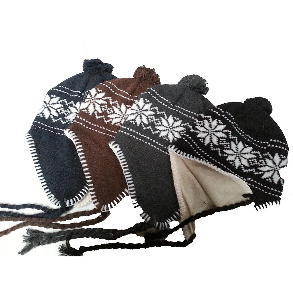 Black Acrylic Knit Beanie with Earflap &amp; Tassel Snowflake Design