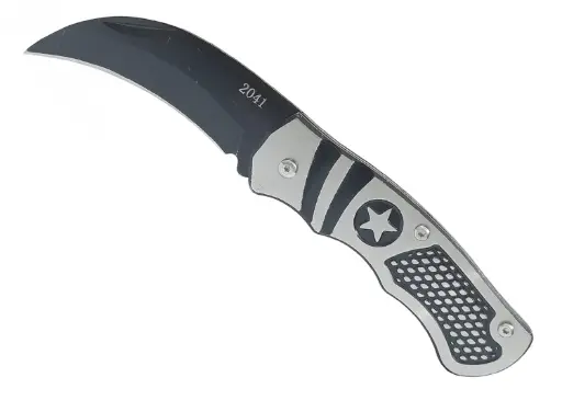 [40157] Folding Pocket Knife 6cm Curved Black Steel Talon Blade Silver Star Metal Handle